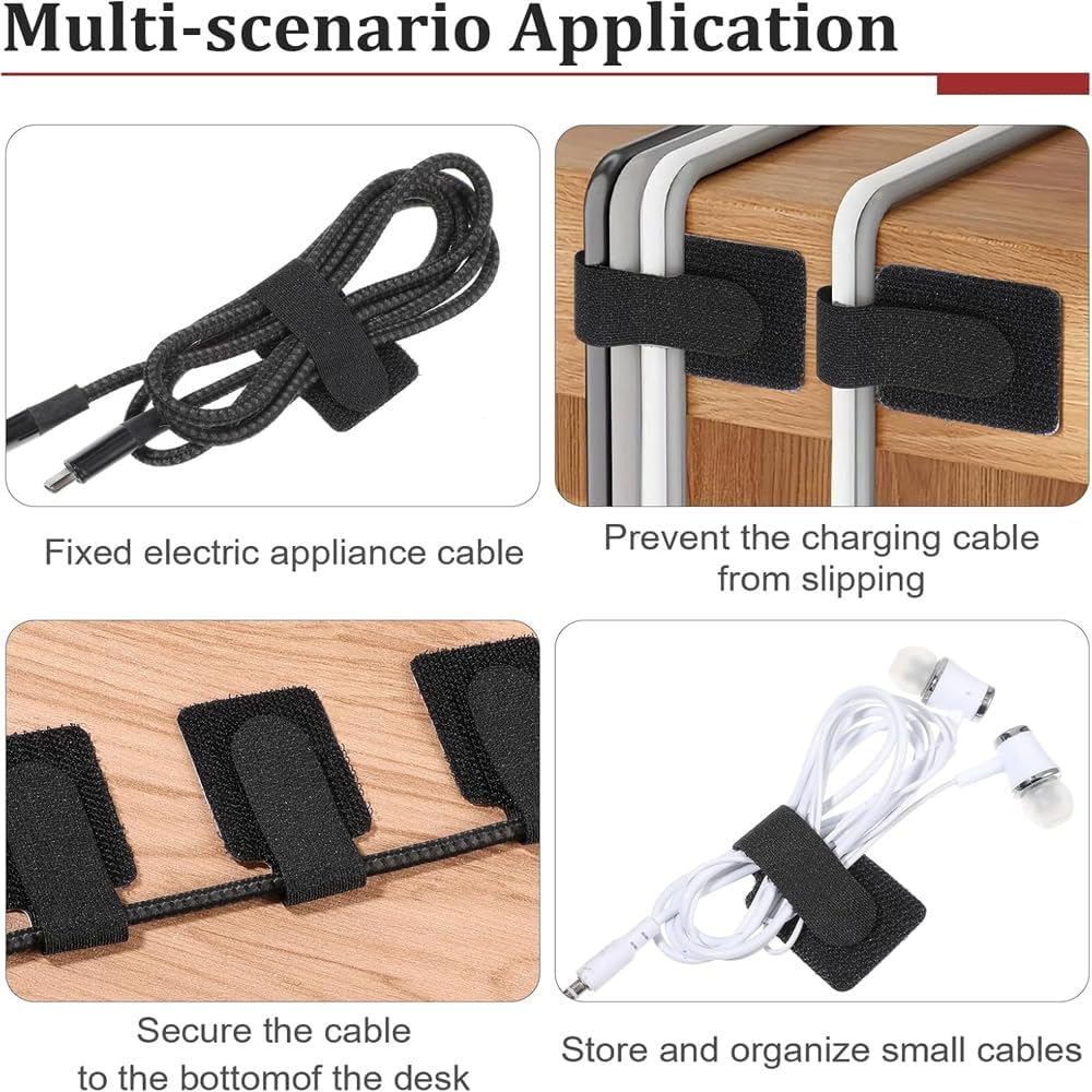 Suithink 60 Pieces Hook and Loop Cable Ties, Self-Adhesive Hook and Loop Cable Ties, with Strong Adhesive Tape for Under-Desk Management, Nylon Wire Tidy for Home & Office image number 2
