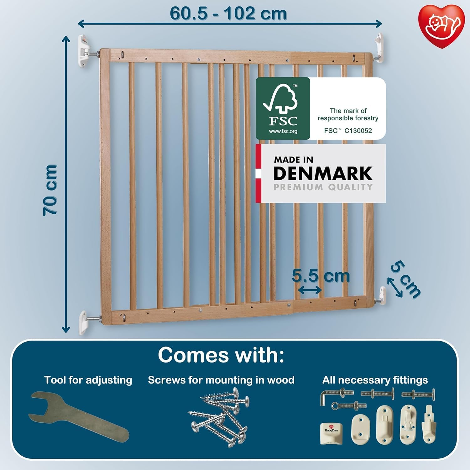 Babydan Odense, Covers Openings between 60.5-102 Cm/23.9-40.1 Inches, Extendable Stair Gate/Baby Gate/Safety Gate, Wood, Made in Denmark - (Pet Gate/Dog Gate) image number 6