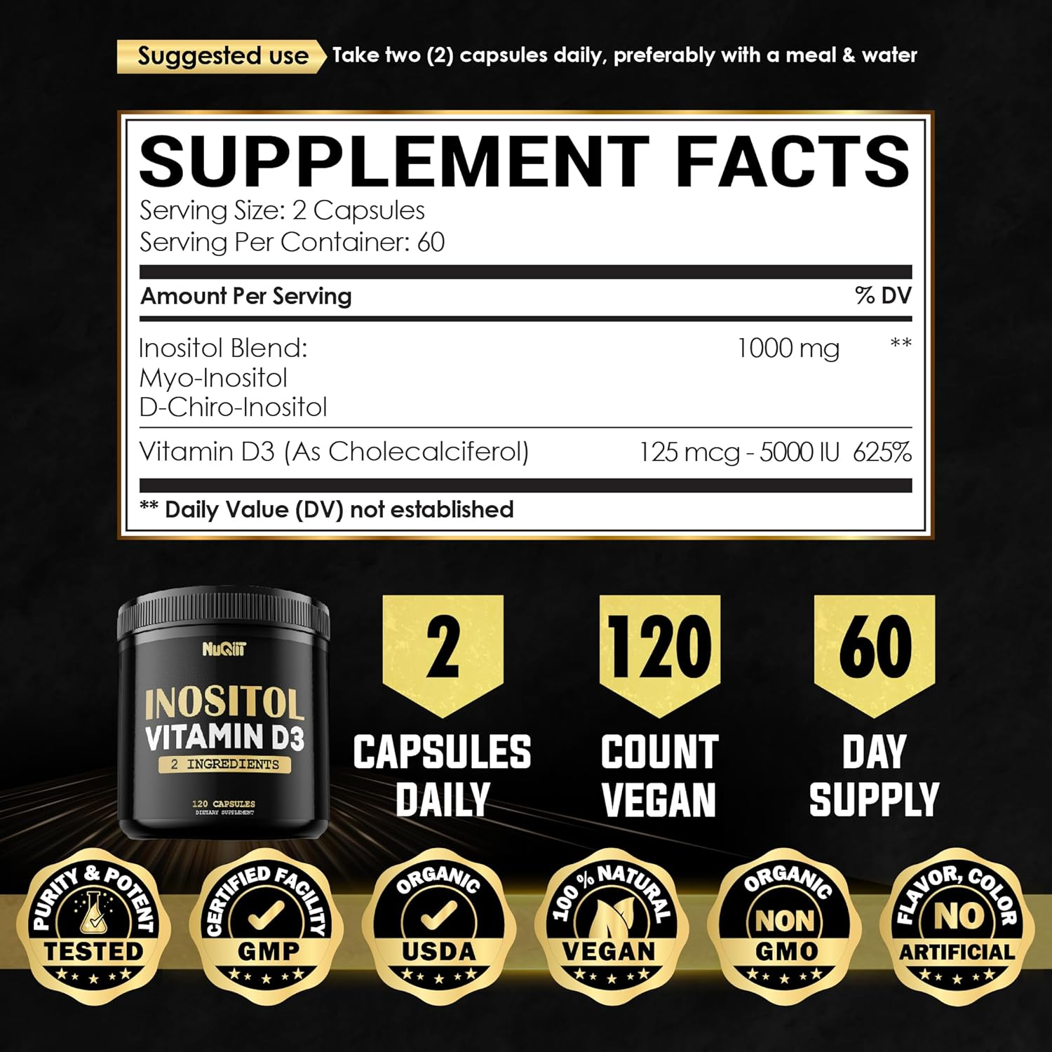 Inositol Supplement 1000Mg with Vitamin D3 5000 IU 625% -120 Capsules for 2-Month Supply image number 5