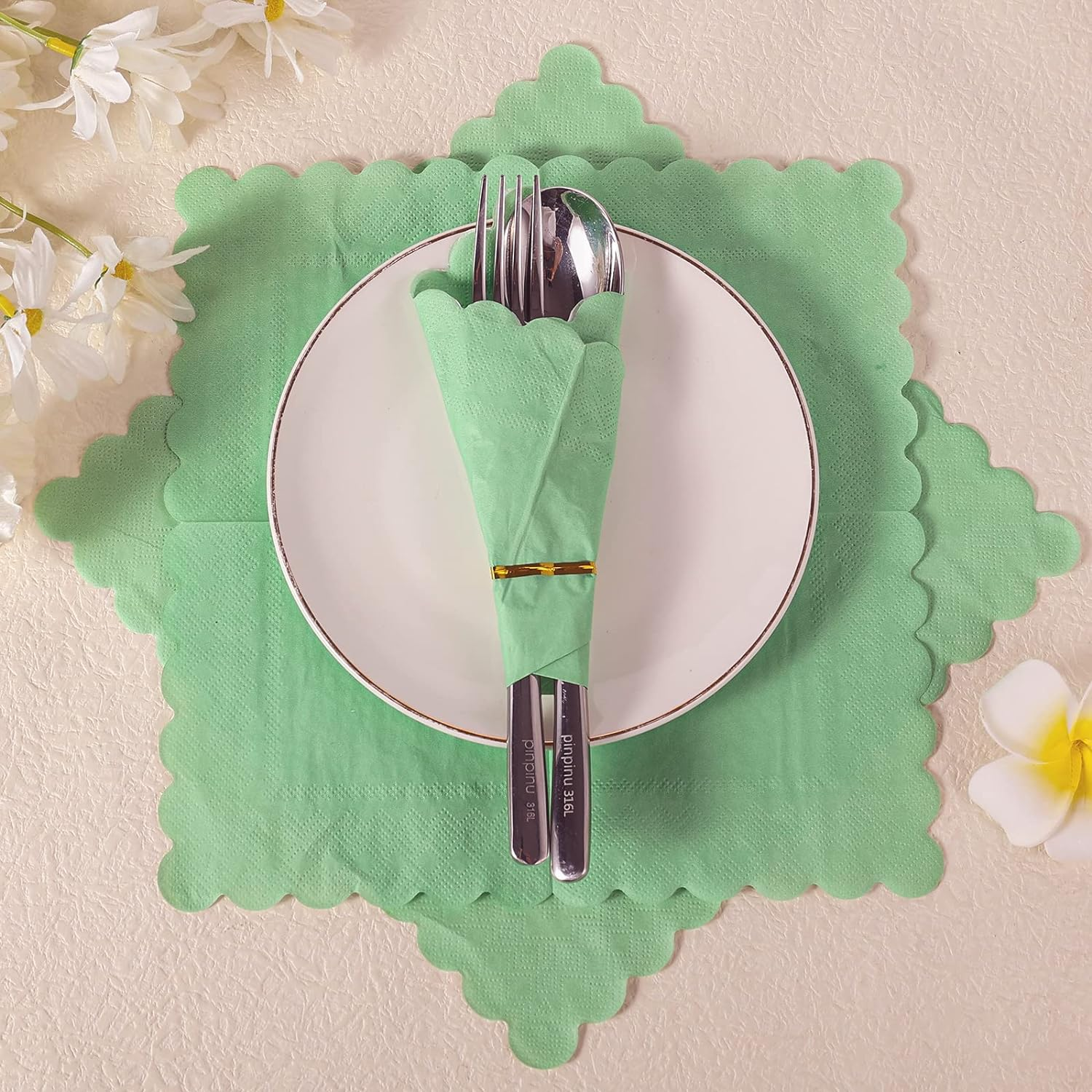 SAVITA 100Pcs New Sage Green Napkins, 10X10 Inch Scalloped Sage Green Paper Cocktail Napkins Disposable Party Sage Napkins for Wedding Birthday Party Dinning Supplies image number 2