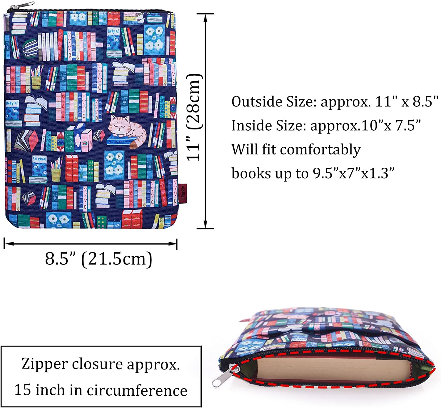 Cute Bookshelf Book Sleeve, Book Sleeves with Zipper, Book Protector Book Covers for Paperbacks, 11 X 8.5 Inch, Bibliophile Gifts image number 4