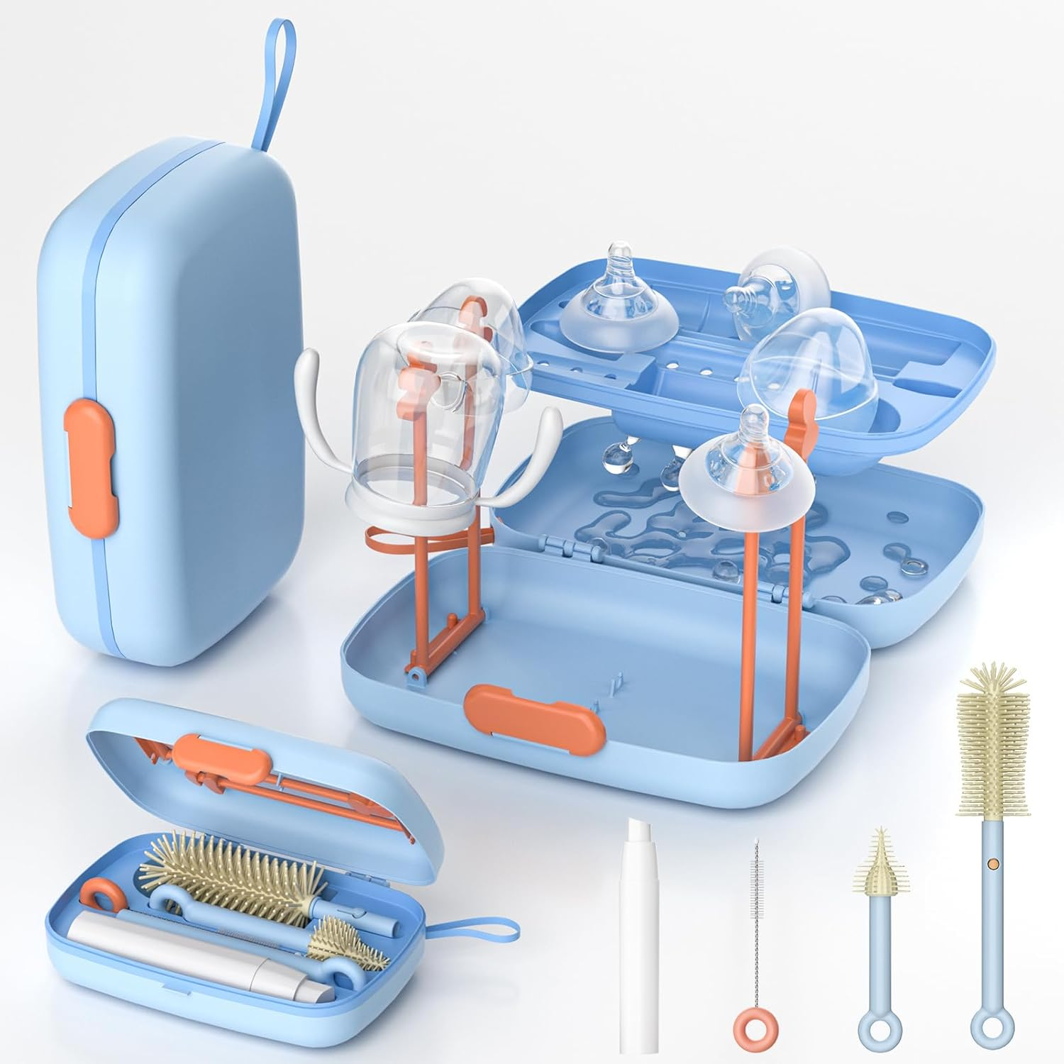 7 in 1 Baby Bottle Cleaner Set with Drying Rack, Draining Tray, Detachable Brushes for Bottles, Nipples, Straws, Soap Dispenser, Ideal Travel Gifts