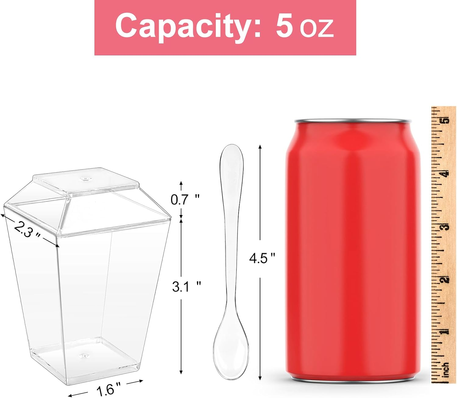 Qeirudu 50 Pack 5 Oz Square Dessert Cups with Lids and Spoons - Clear Plastic Parfait Cup, Mini Pudding Cups, Appetizer Shooter Glasses for Mousse Fruit Ice Cream image number 6