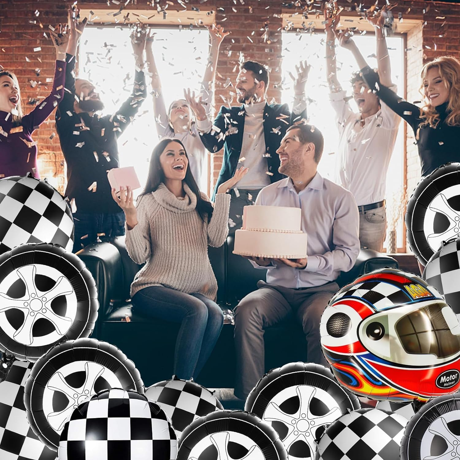 15 Pieces Race Car Balloons, Black and White Checkered Car Tire Balloons Aluminum Foil Checkered Flag Balloons for Racing Theme Birthday Party Decoration Supplies 18 Inch