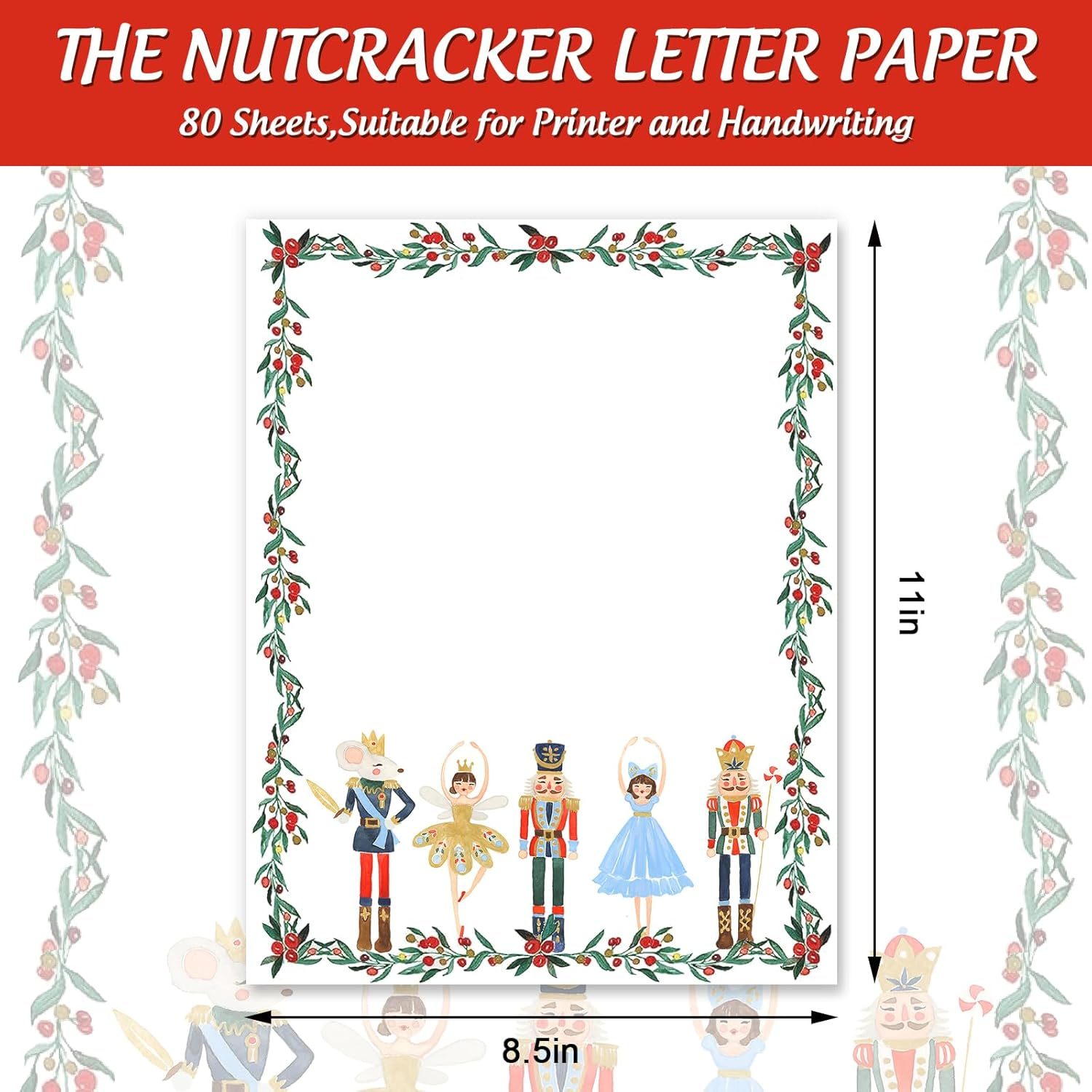 Anydesign 80Pcs Christmas Stationery Letterhead Paper Nutcracker Border Writing Paper Cartoon Floral Greeting Letter Paper for Xmas Greeting Cards Invitation Office School Printing, 8.5 X 11 Inch image number 1