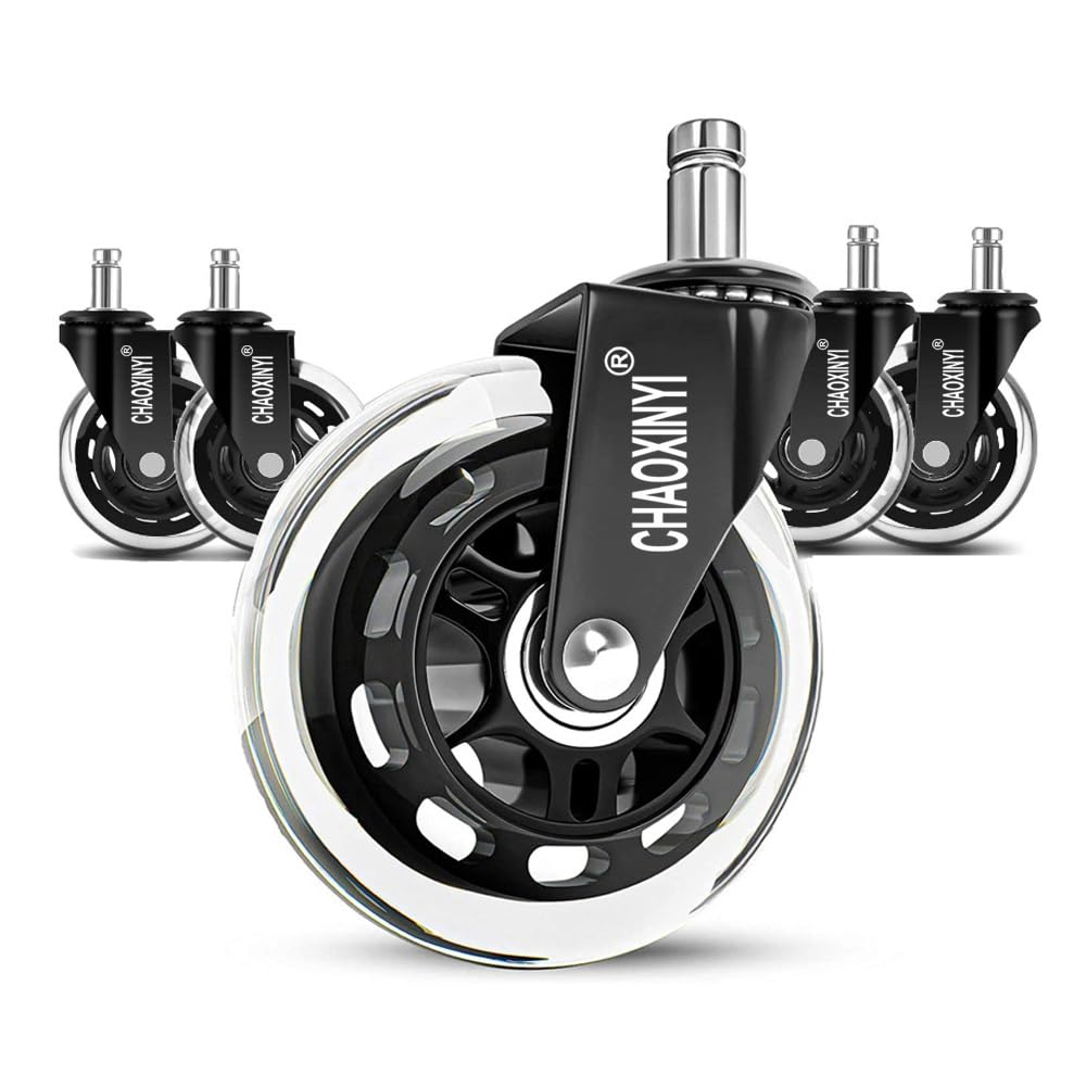 Office Chair Wheels (Set of 5) &ndash; 3" Heavy-Duty Replacement Casters for Hardwood & Carpet &ndash; Silent Rollerblade Wheels, 7/16" X 7/8" Stem, Black &ndash; Universal Fit for Ergonomic Chairs (Black A) image number 5