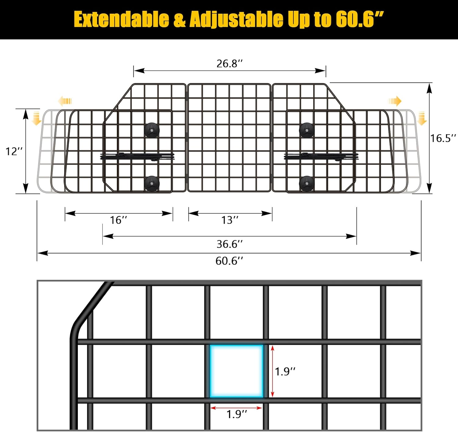 Gtongoko Dog Car Barriers for Suvs, Vehicles, Cars, & Trucks, Adjustable Heavy-Duty Wire Mesh Pet SUV Barriers Universal-Fit, Car Accessories Safety Travel, 2 Elastic Ropes Included