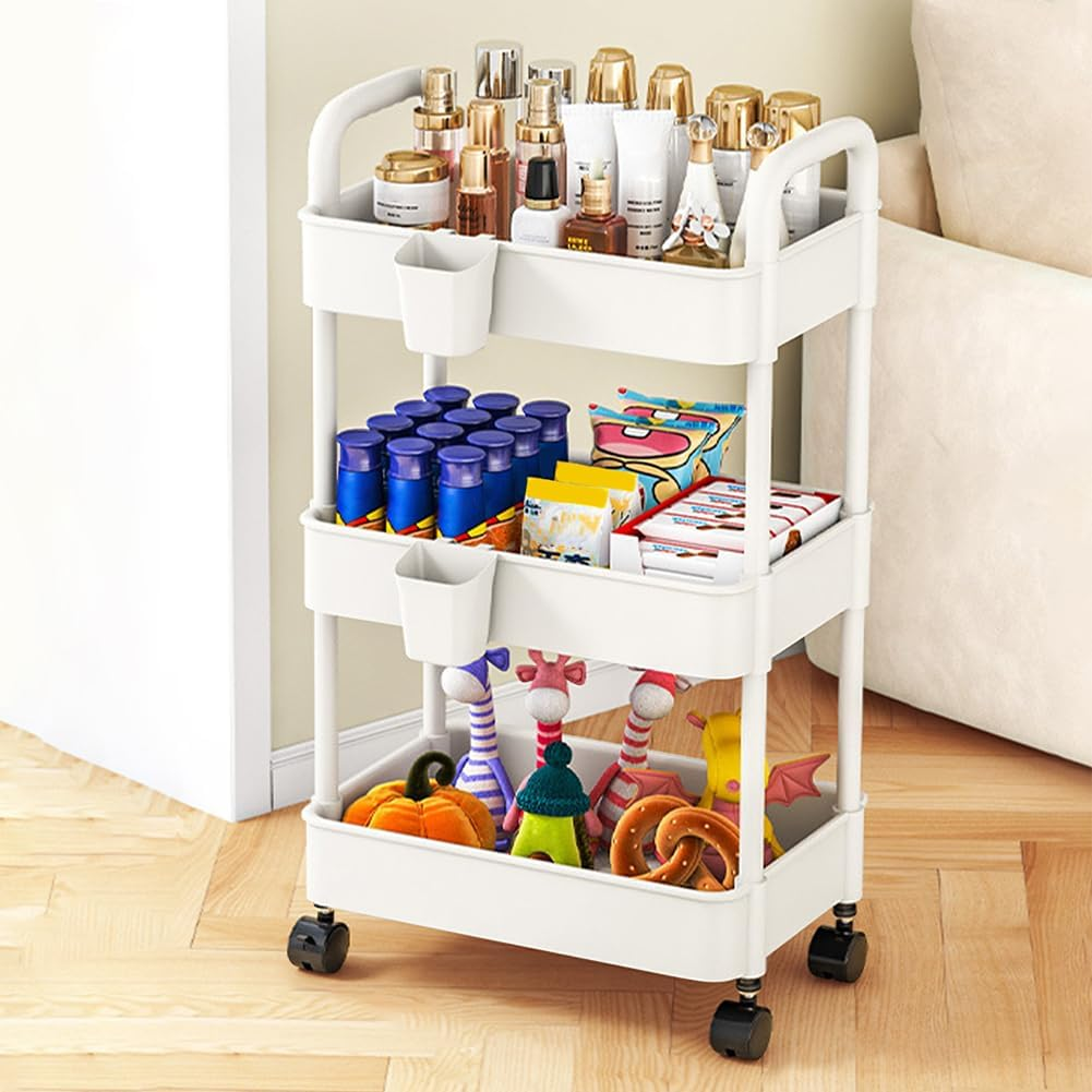 3-Tier Rolling Utility Cart with Lockable Wheels, White Multi-Purpose Storage Organizer with Handle Anf Easy Assembly, for Kitchen, Office, Nursery, Living Room, White