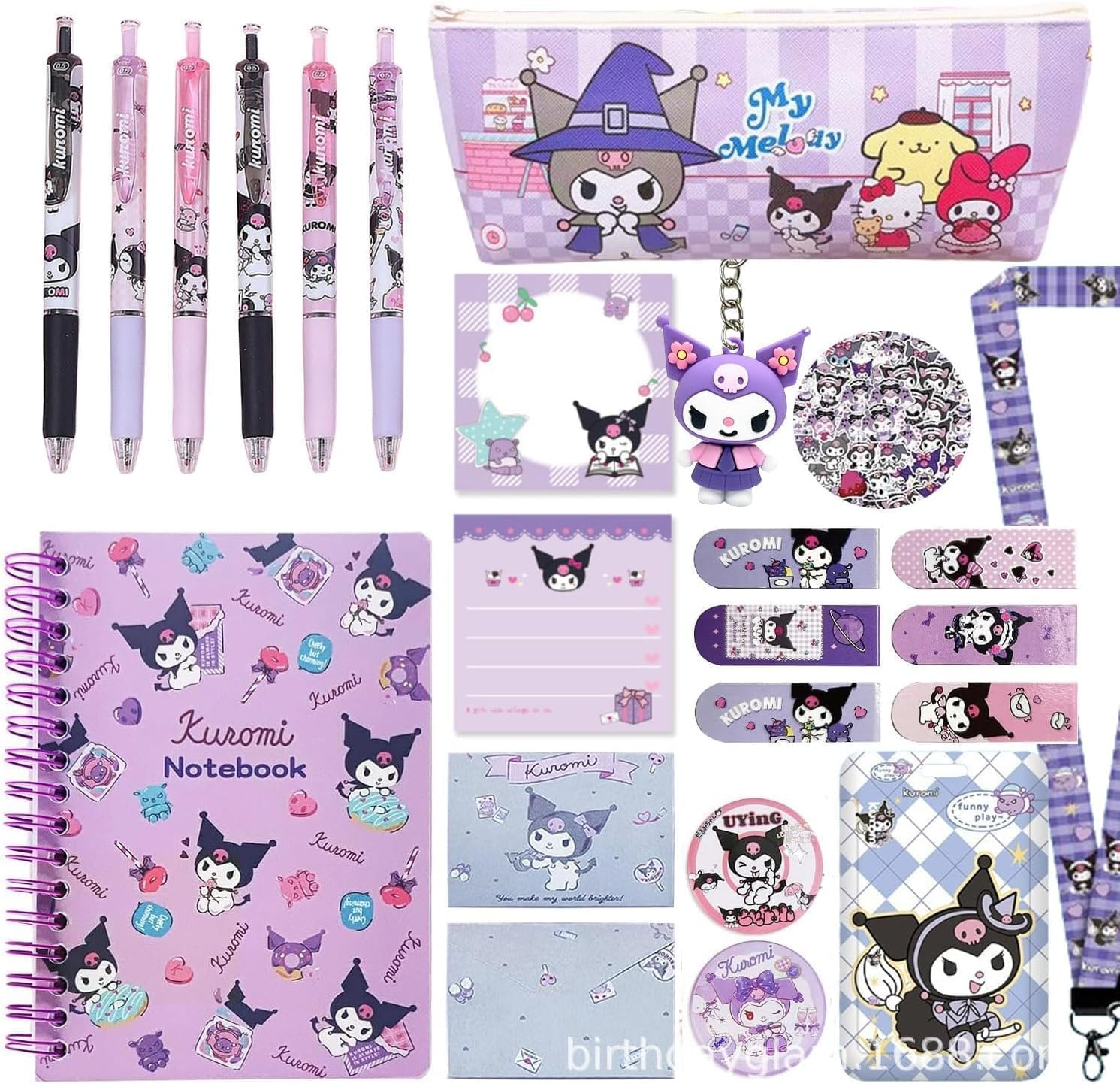 Cartoon School Supplies, Kawaii School Supplies for Kids Girls Including Cartoon Journal Pencil Case Ballpoint Pen ID Badge Holder Stickers Key Chain Bookmark (Purple)