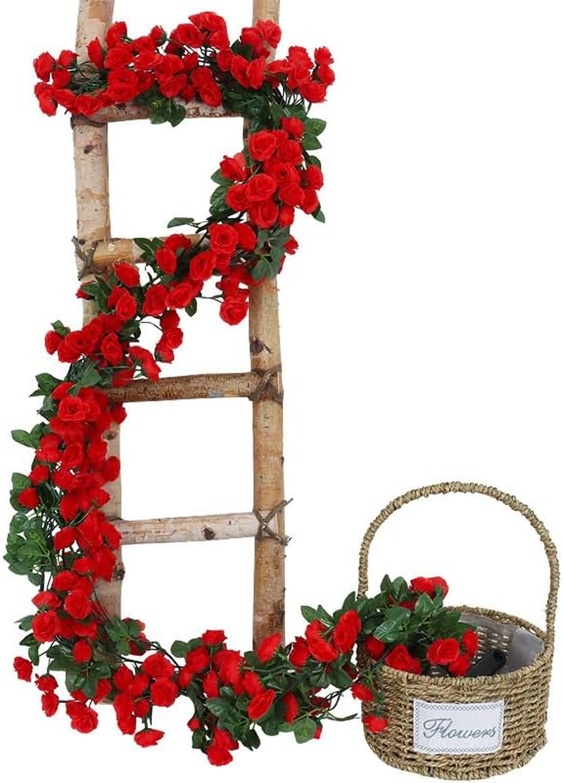 KEAIDUO 2 Pack 6Ft Artificial Fake Rose Garland Vines Hanging Silk Flowers for Outdoor Indoor Wedding Wall Badroom Decoration Red image number 2