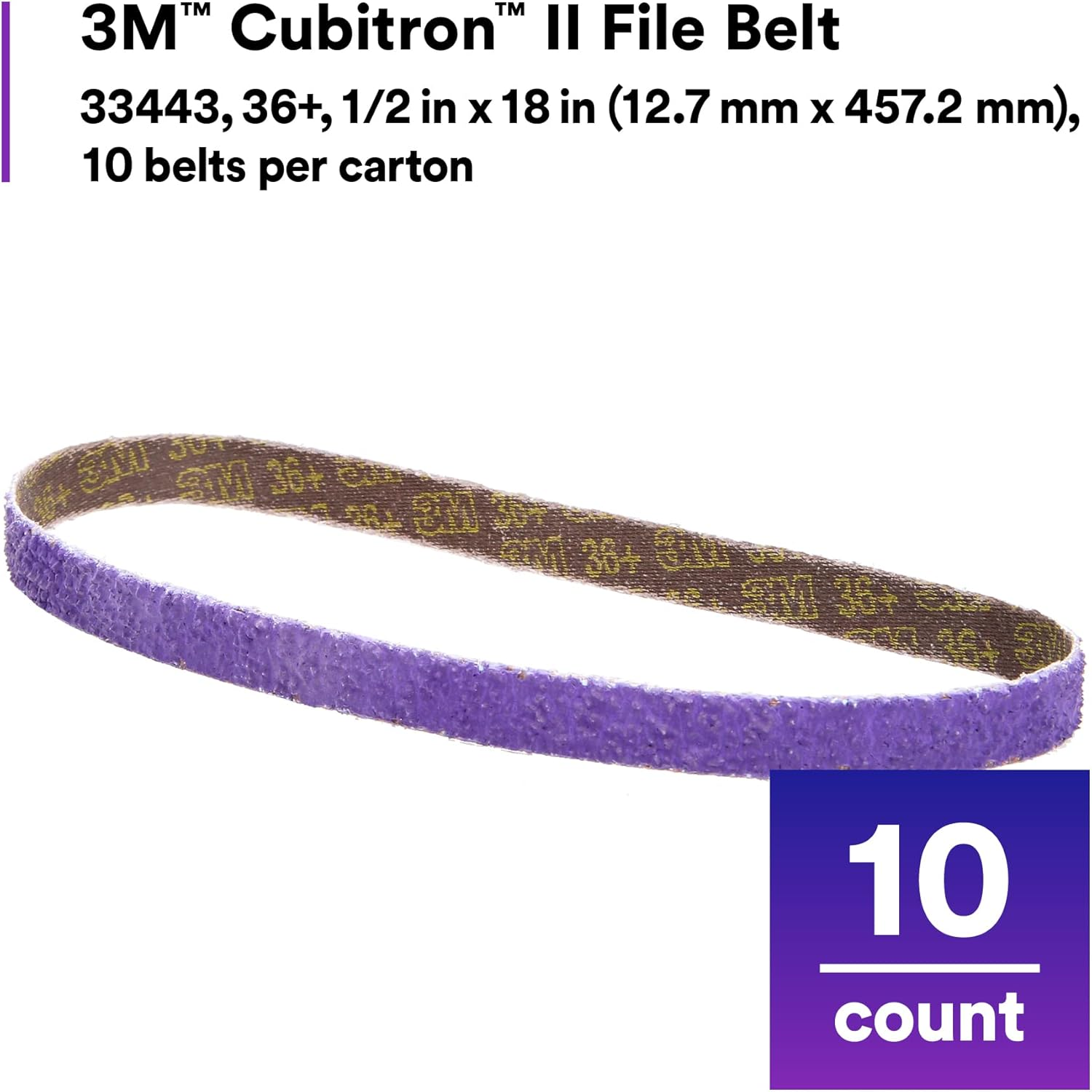Cubitron 3M II File Belt, 33443, 36+ Grit, 1/2 in X 18 In, Pack of 10 File Belts, Resin Bonded, Spot Weld Removal image number 1