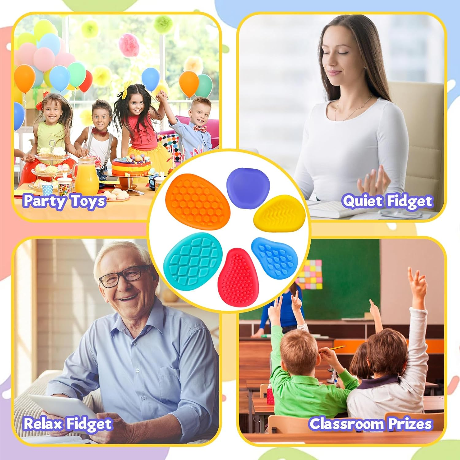 Sensory Fidget Toys for Kids Adults 6 PC Textured Soft Worry Stone Toy for Autism ADHD Teens Calm down Quiet Anxiety Fidgets Stress Toys for Students Anxiety Relief image number 4