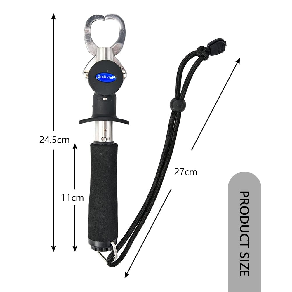 Foam Handle Fishing Lip Gripper &ndash; Stainless Steel Fish Gripper with 15Kg Scale, 1M Tape Measure, and Weight Ruler for Catch & Release, Portable Grip Pliers for Fishing
