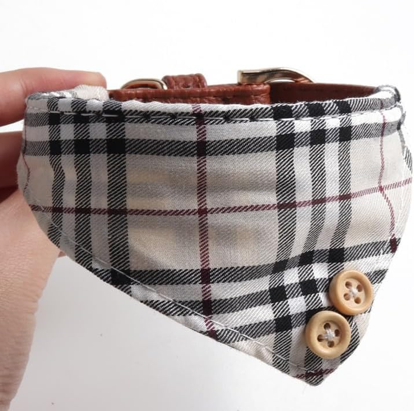 Classic Plaid Stylish Dog Bandana and Collar with Adjustable Leash (Khaki, S)