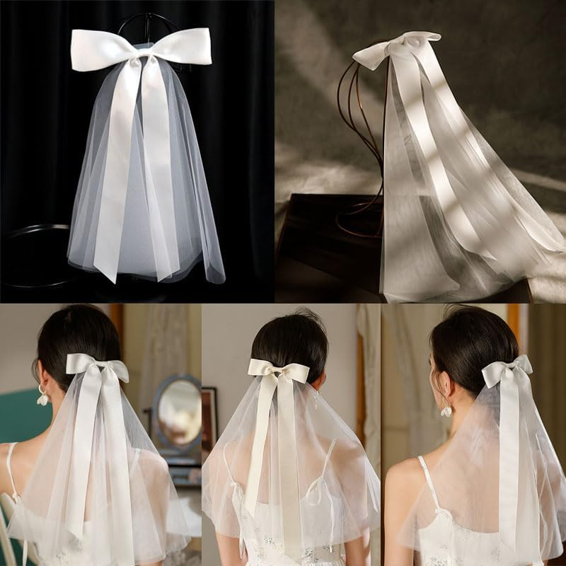 WADY Bridal Wedding Veil Hair Bows White Lace Ribbon Hair Clip Long Tail,Wedding Bow Veil White Pearl Hair Clip Tulle Bridal Hair Bow with Clip Bachelorette Party Accessories for Women and Girls image number 5