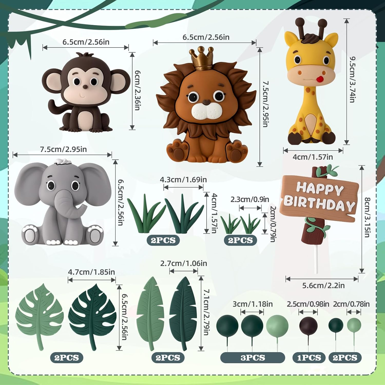 19Pcs Safari Animal Cake Topper - Jungle Wild Cake Decorations with Leaves Balls for Animals Themed Birthday Boy Girl Baby Shower Party (Animal Style) image number 3