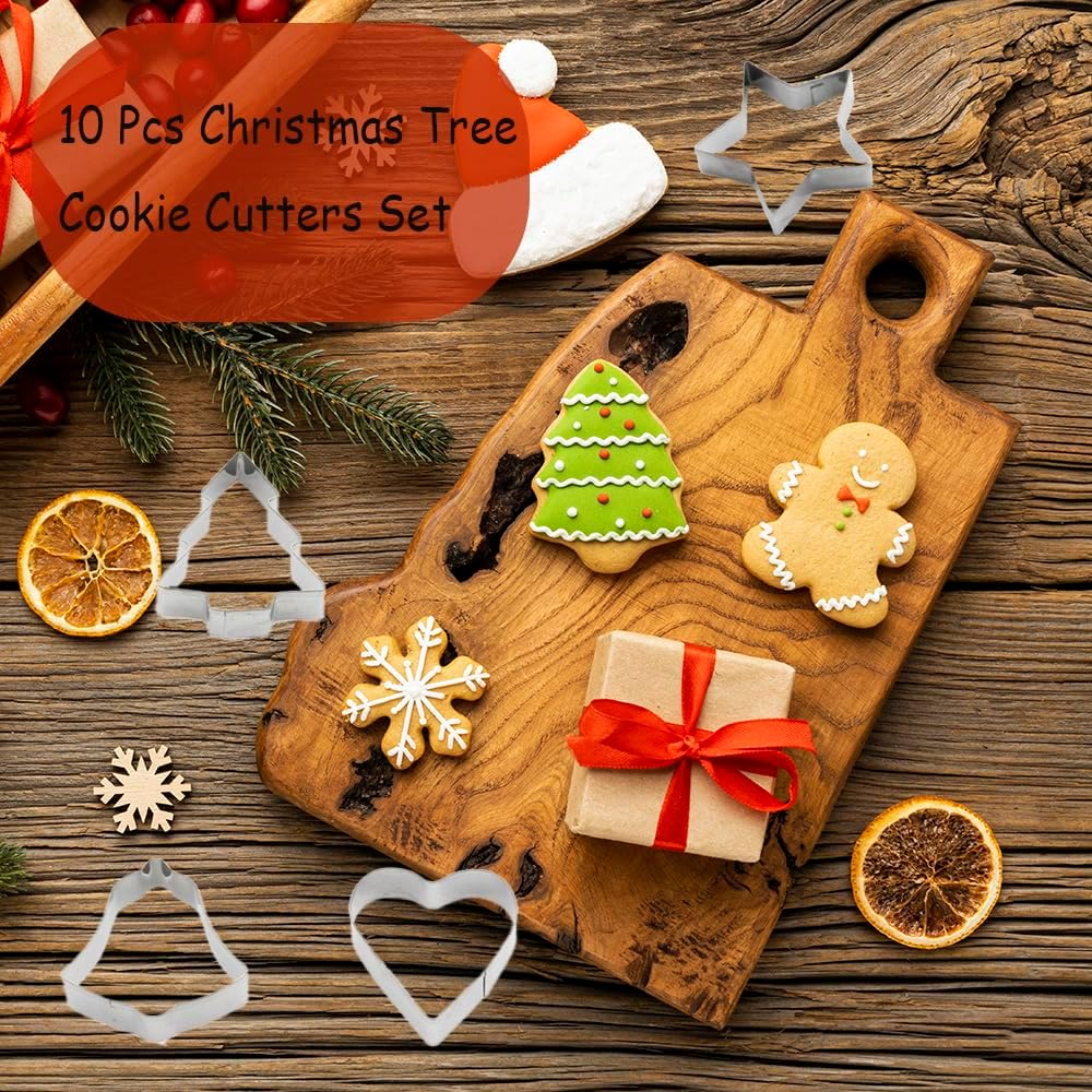 10 Sets Small Christmas Cookie Cutters,Christmas Tree Cookie Cutters for Kids,Christmas Deer, Christmas Socks, Christmas Bells, Christmas Snowman, for DIY Christmas Baking image number 5