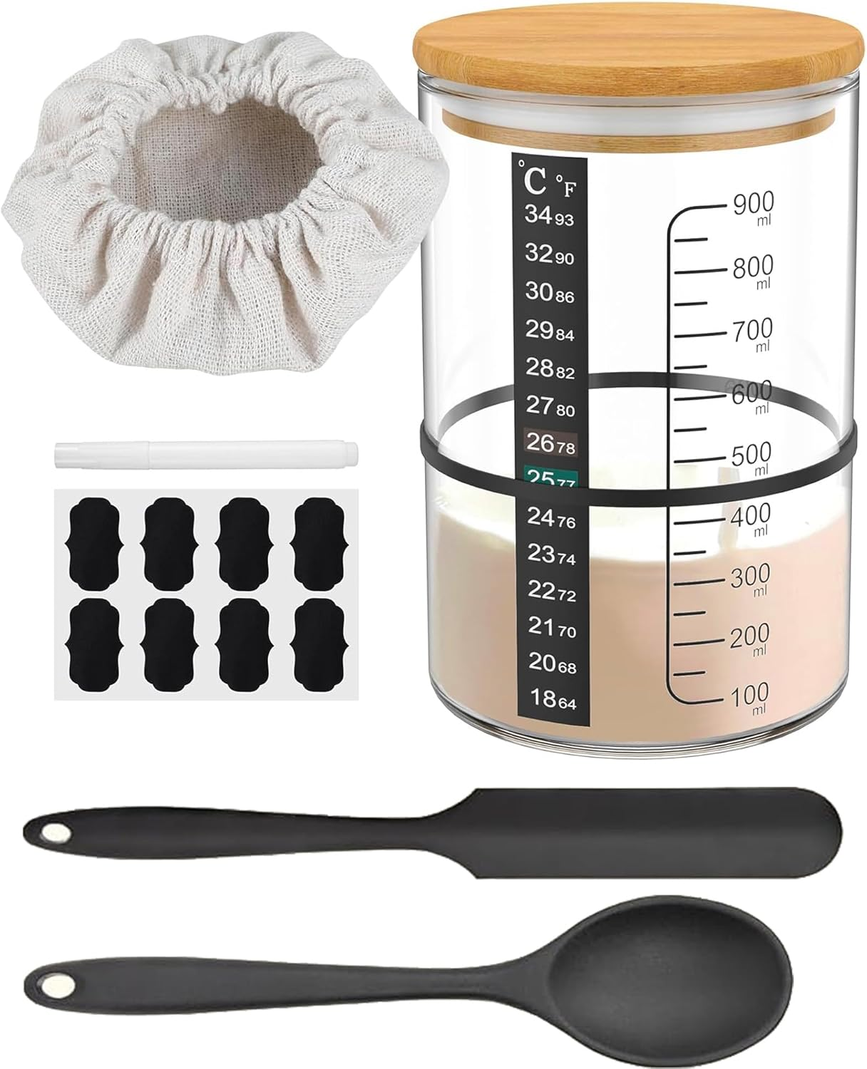 Sourdough Starter Jar, Myrthra 900Ml Sourdough Starter Container Glass Sourdough Starter Cup Wide Mouth with Wooden Lid Thermometer Strip Spatula Rubber Band Cloth Cover Lable Pen for Sourdough image number 3