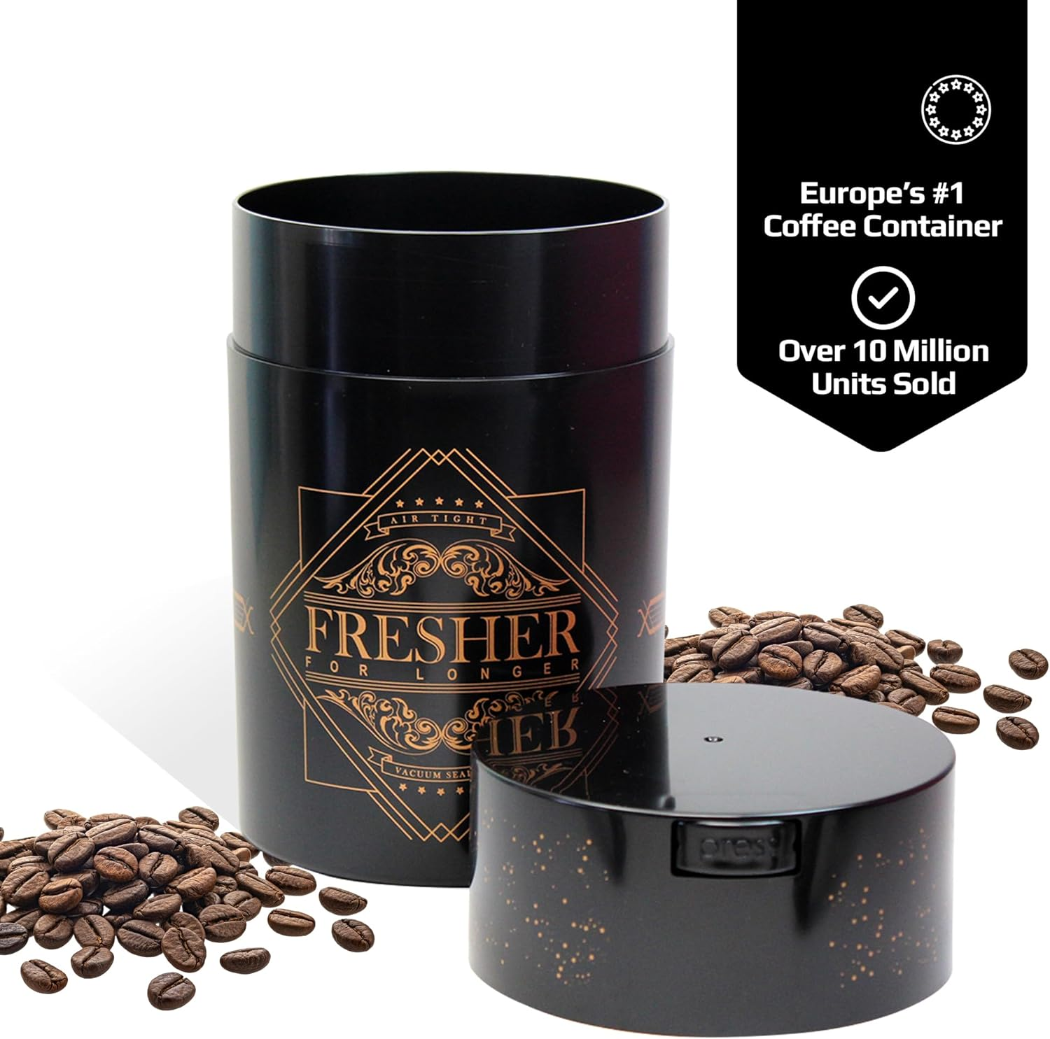 Coffeevac 1LB &ndash; Patented Airtight Container | Multi-Use Vacuum Container Works as Smell Proof Containers for Ground Coffee and Coffee Bean Containers. Black with Gold Logo - Black Gold Logo image number 5