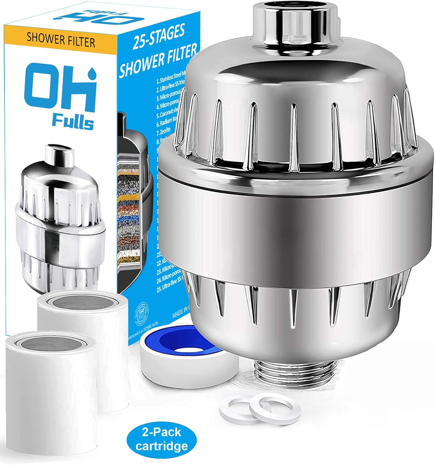 25 Stage Shower Filter with Vitamin C for Hard Water - High Output Shower Water Filter to Remove Chlorine and Fluoride - 2 Cartridges Included -Consistent Water Flow Showerhead Filter