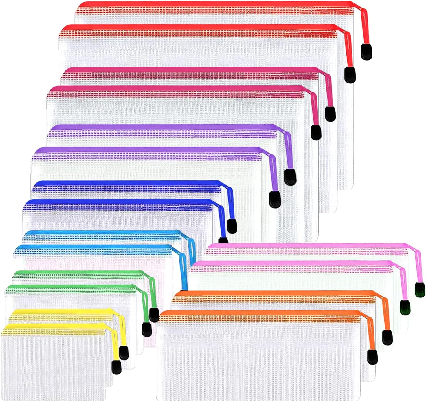 COZY CORE 18Pcs Mesh Zipper Pouch, 8 Sizes Waterproof Plastic Document Pouch, 9 Colors, Waterproof Zipper Bags, Multipurpose for Travel Storage, Office Appliances and Home Organize image number 1