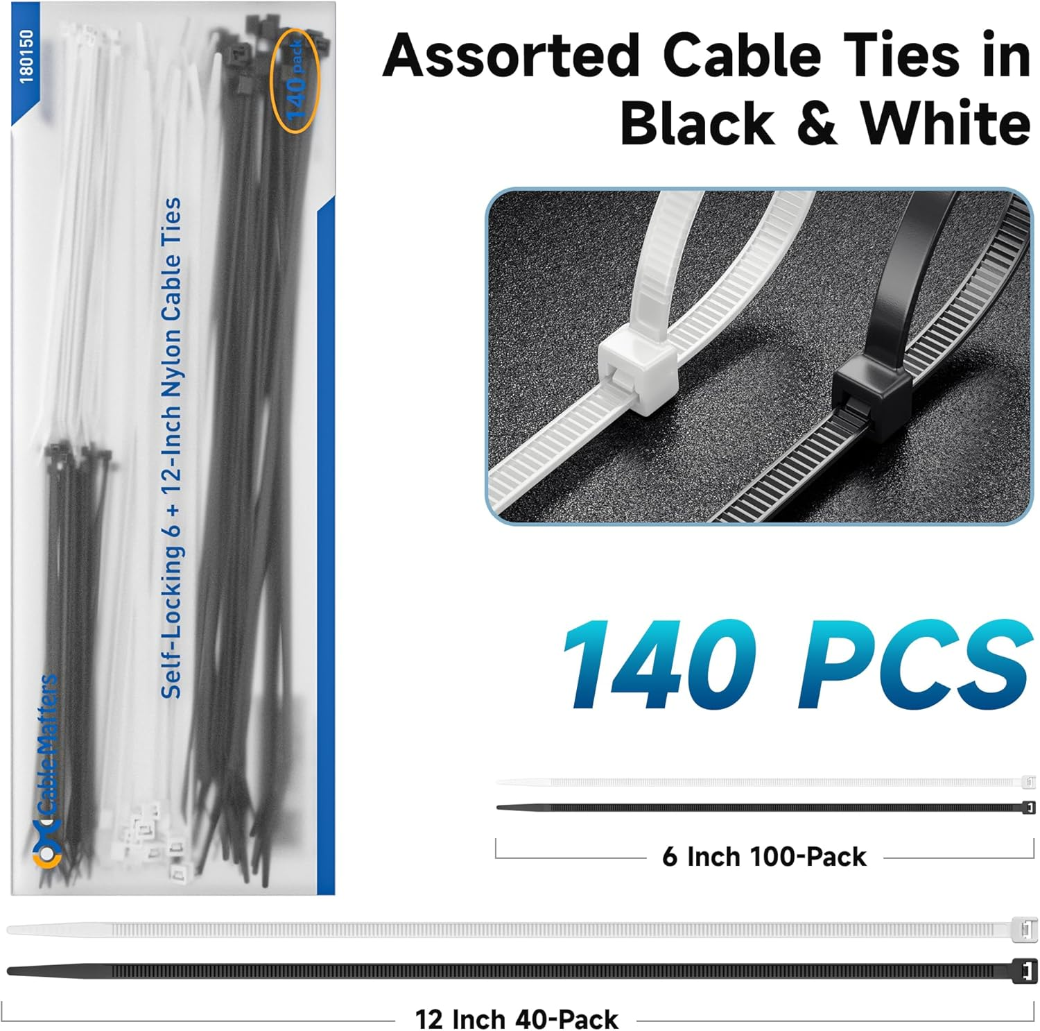 Cable Matters 140-Pack Cable Ties for Indoor and Outdoor, 6, 12-Inch Self-Locking Nylon Zip Ties Assorted Sizes, Wire Ties, Tie Wraps for Multiple Use, Self Locking Zipties in Black and White image number 6