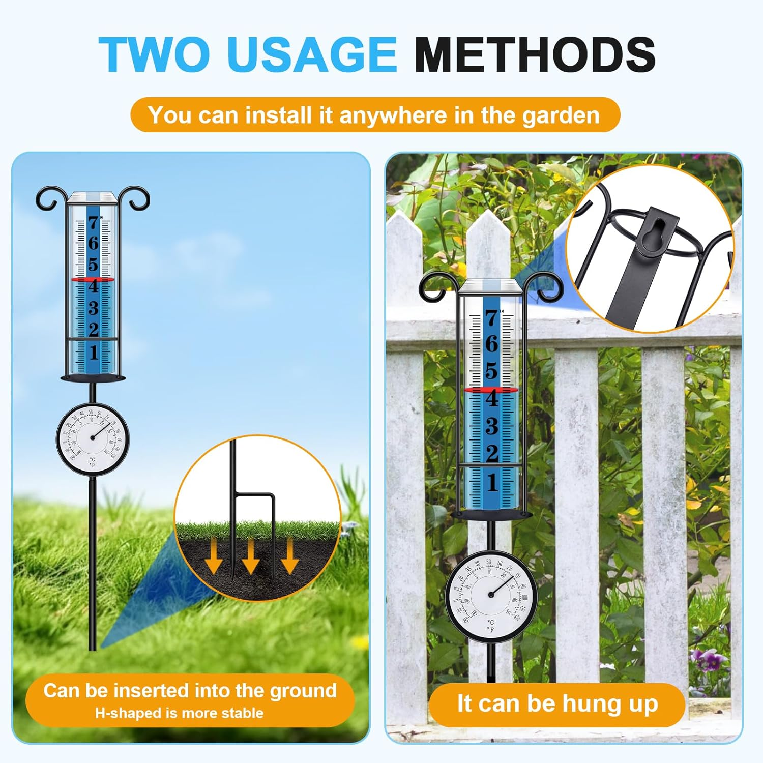 Jmbay Rain Gauge Outdoor with Thermometer, Rain Gauges Outdoors Best Rated, Large Font Rain Measure Gauge for Yard, Rain Water Meter with Thickened Plastic Tube and Duralbe Metal Stake for Patio,Lawn image number 5