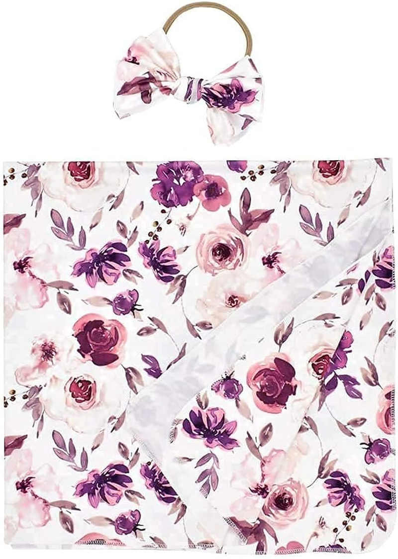 35X35Inch Infant Floral Swaddle Wrap with Headbands Set Newborn Receiving Blanket Photography Props (Purple)