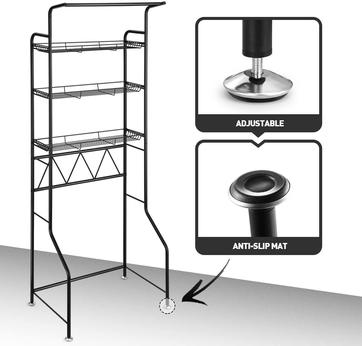 3-Tier over Toilet Washing Machine Shelf Steel Freestanding Bathroom Rack Laundry Shelf Storage Organizer