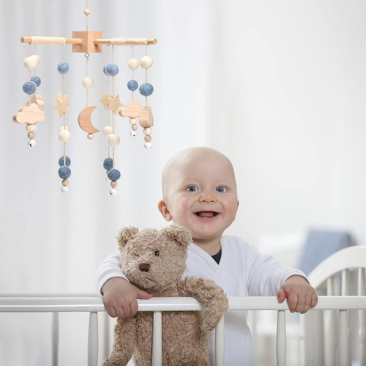 Promise Babe Clouds Wooden Baby Mobile - Blue Moon Design for Girl'S Bed - Pink image number 4