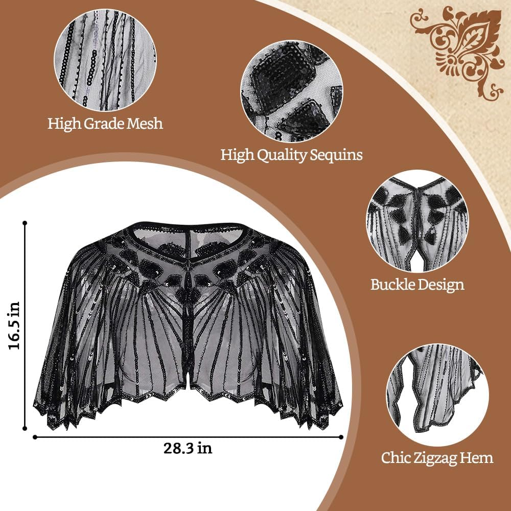 WOTOW 1920S Great Gatsby Accessories for Women - 9PCS Roaring 20S Gatsby Costume Set with Shawl Flapper Headband Necklace Extendable Plastic Holder Gloves Earrings Stockings for Party Halloween image number 6