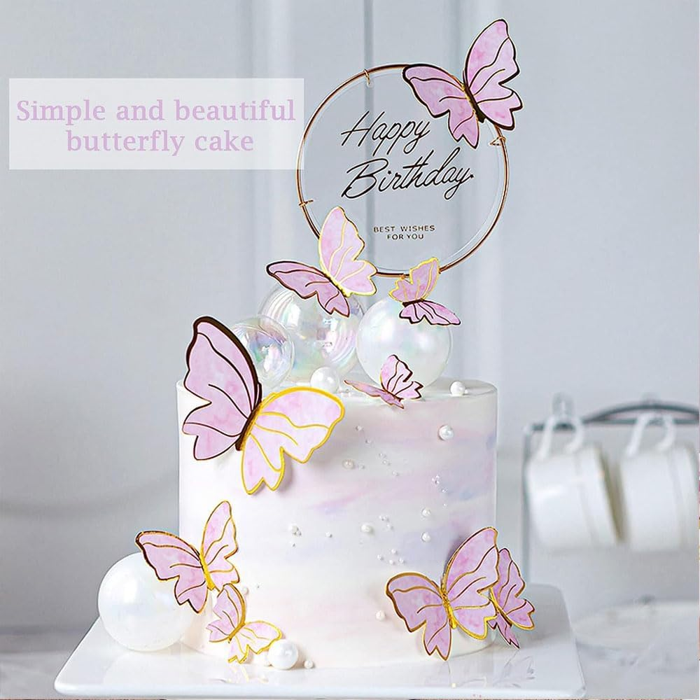 22 Pieces Cake Decorating Butterfly Toppers, Cake Topper with Happy Birthday and 3D Butterfly Cake Toppers,Suitable for Wedding Cake Topper,(Purple, Pink) image number 4