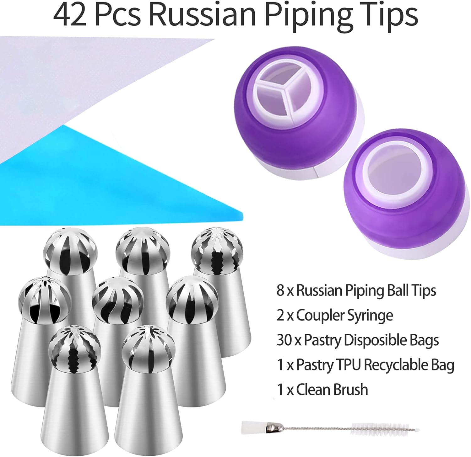 42 Pcs Russian Piping Tips Set, 8 Nozzles Flower Frosting Icing Tips Russian Ball Piping Tips for Cake Decorating Kit, 2 Couplers 30 Pastry Baking Bags 1 Cleaning Brush, 1 Reusable Silicone Bag - Silver image number 2