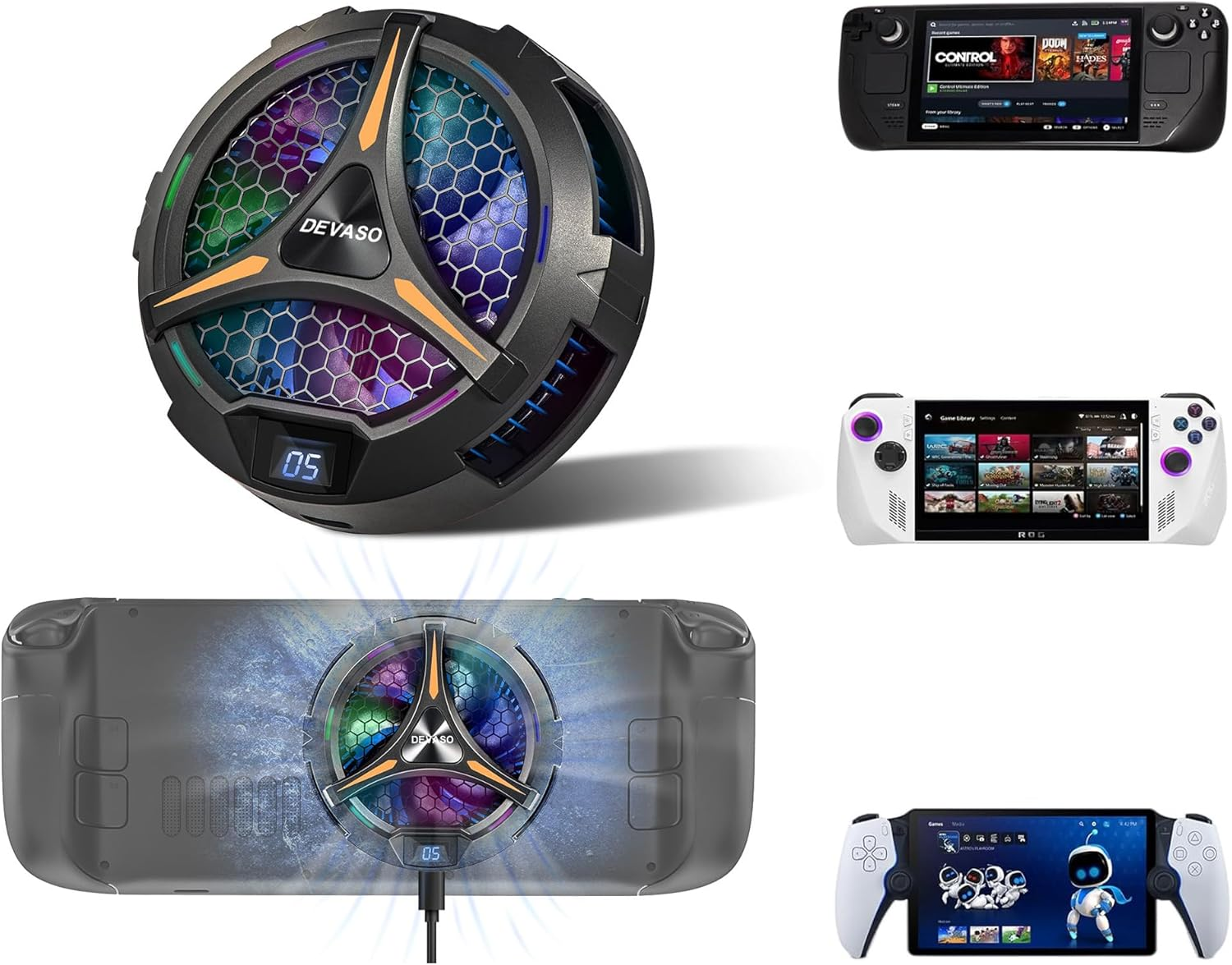 DEVASO Steam Deck Fan Cooler, Semiconductor Heatsink Cooling with 7-Blade Fan/Two-Speed Fan Settings/ 7-Color Cycle, Magnetic Cooler for Steam Deck OLED, Playstation Portal, ASUS ROG Ally Etc. image number 4