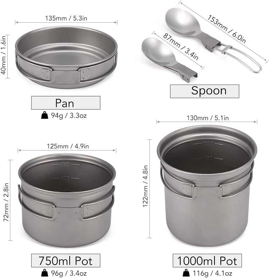LAPOOH Camping Titanium Cookware Set 1000Ml 750Ml Pot Pan Spoon Set for Outdoor Camping Hiking Backpacking Picnic Cooking Equipment image number 6