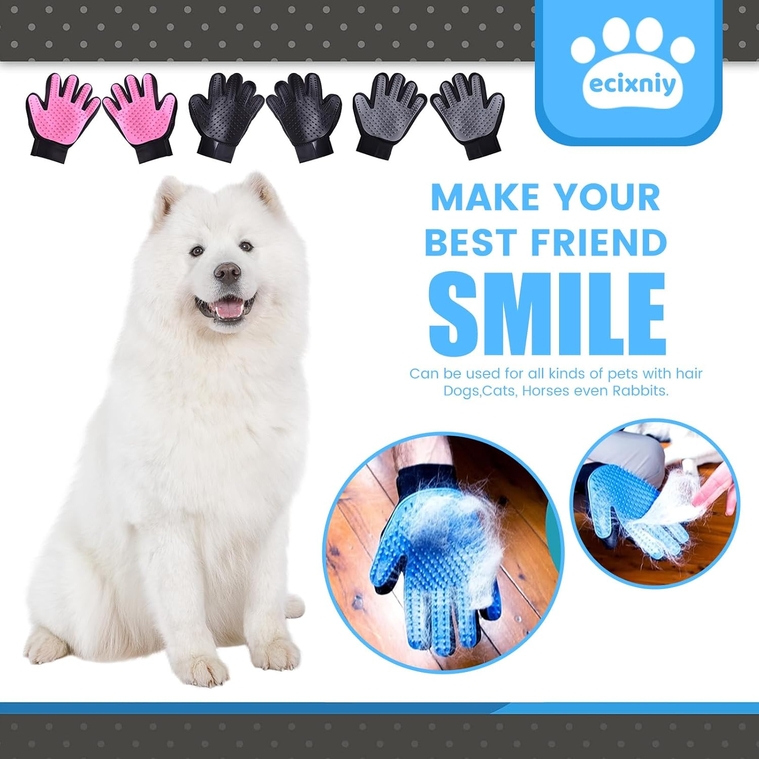 【Ecixniy】Pet Grooming Gloves,One Pair Gentle BPA Free Dog Washing Glove,Pet Hair Remover,Cat Brush Fur Removal Groomer for All Pet Hair Removal Needs-For a Clean Home & Happy Fur Babies（1Pair Black） image number 2