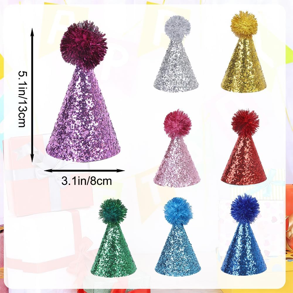 Pet Party Hats with Pom Pom, 8 Pack, Adjustable Mini Birthday Hats for Small Dogs and Cats, Reusable