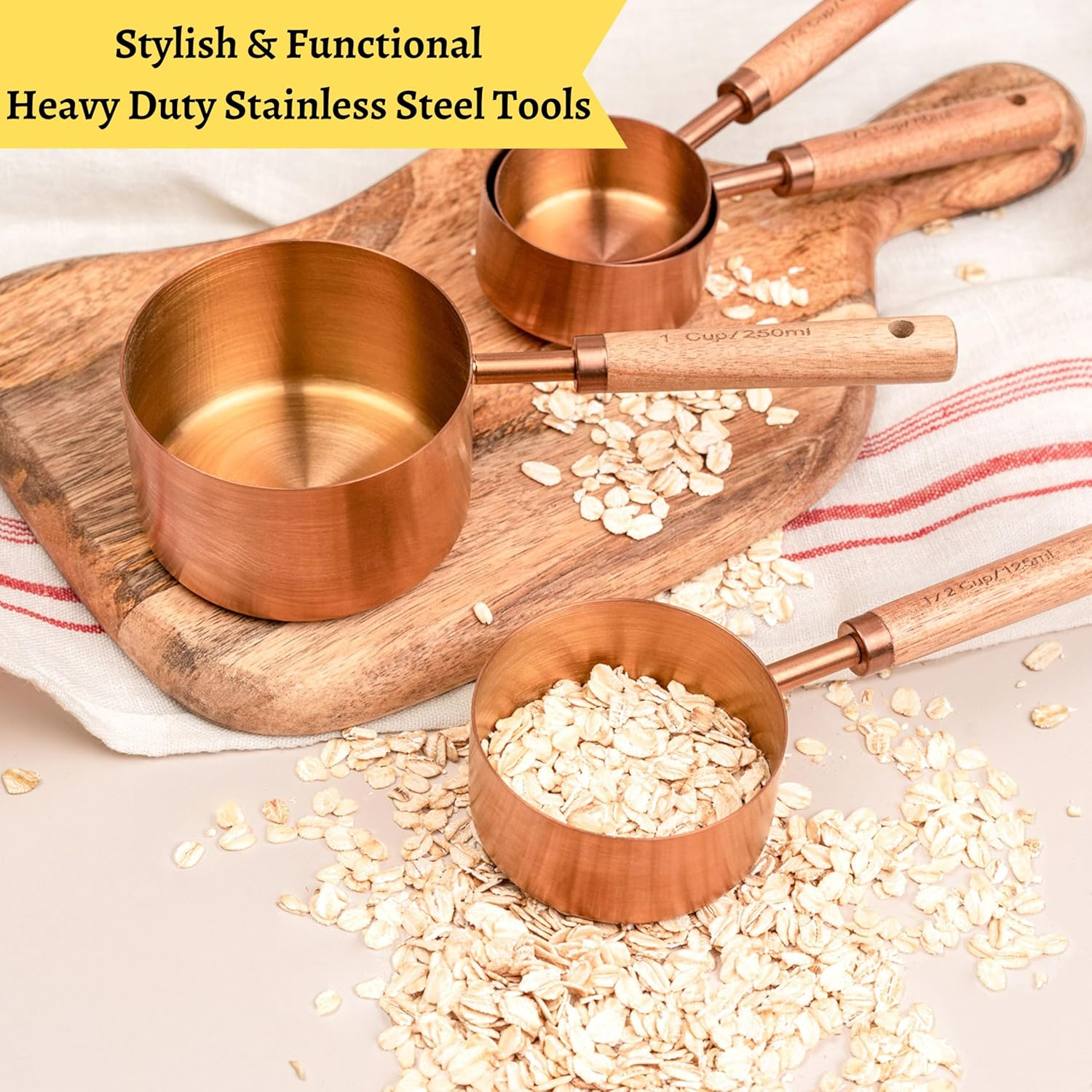 Copper Stainless Steel Measuring Cups and Spoons Set of 8, Wooden Handle with US Measurements, Metric Cups and Spoons for Cooking and Baking image number 6