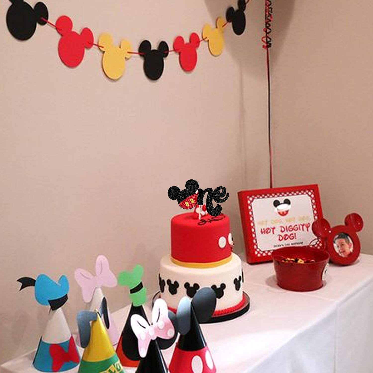 1 Pack Mouse First Birthday Cake Toppers Glitter White Gloves Mouse Inspired One Birthday Cake Pick for Baby Shower Kids First Birthday Party Cake Decorations Supplies Red(#5) image number 2