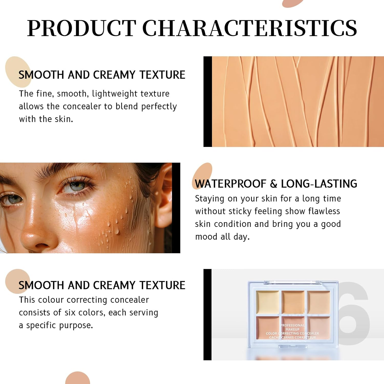 DAGEDA 6 Colors Concealer Palette, Full Coverage Smooth Color Corrector Cream, Long Lasting and Water-Proof Colour Correcting Concealer, Multi-Functional Concealing Palette for Face Makeup (02 Light) image number 3
