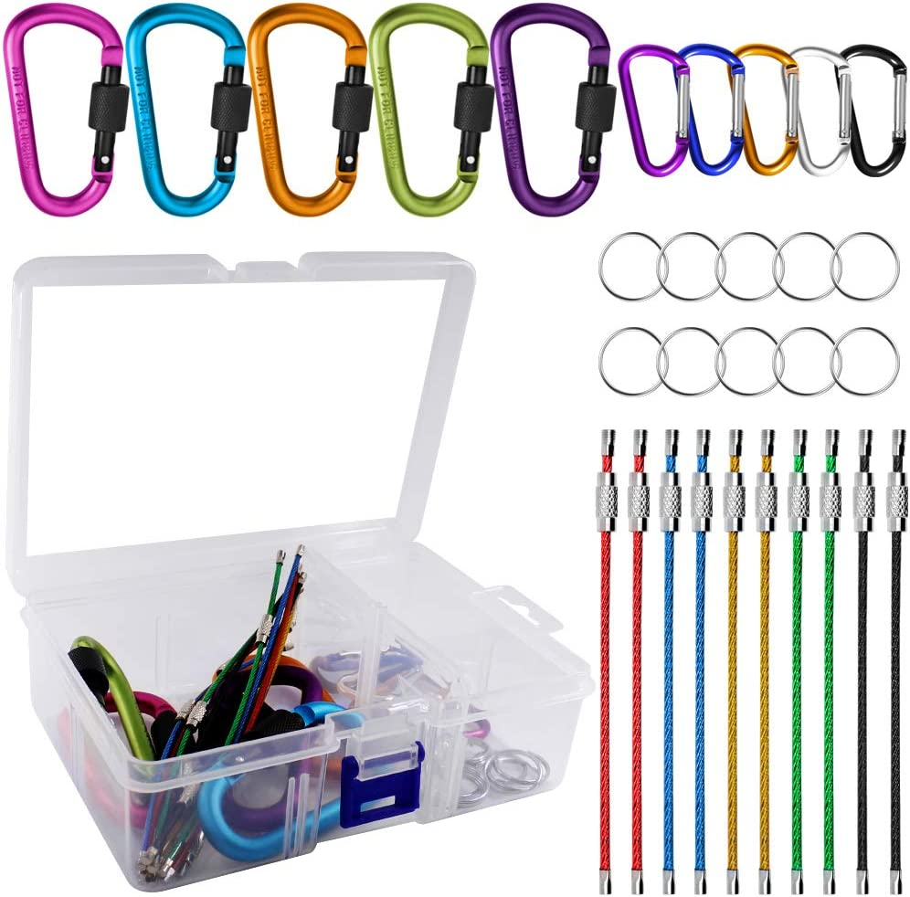 Yucool 10 Pack Aluminum D-Ring Carabiners, D Shape Keychain Clips Hook Spring-Loaded for Camping Hiking Fishing, with 10 Stainless Steel Wire Keychains, 10 Key Rings - Multi-Color image number 2