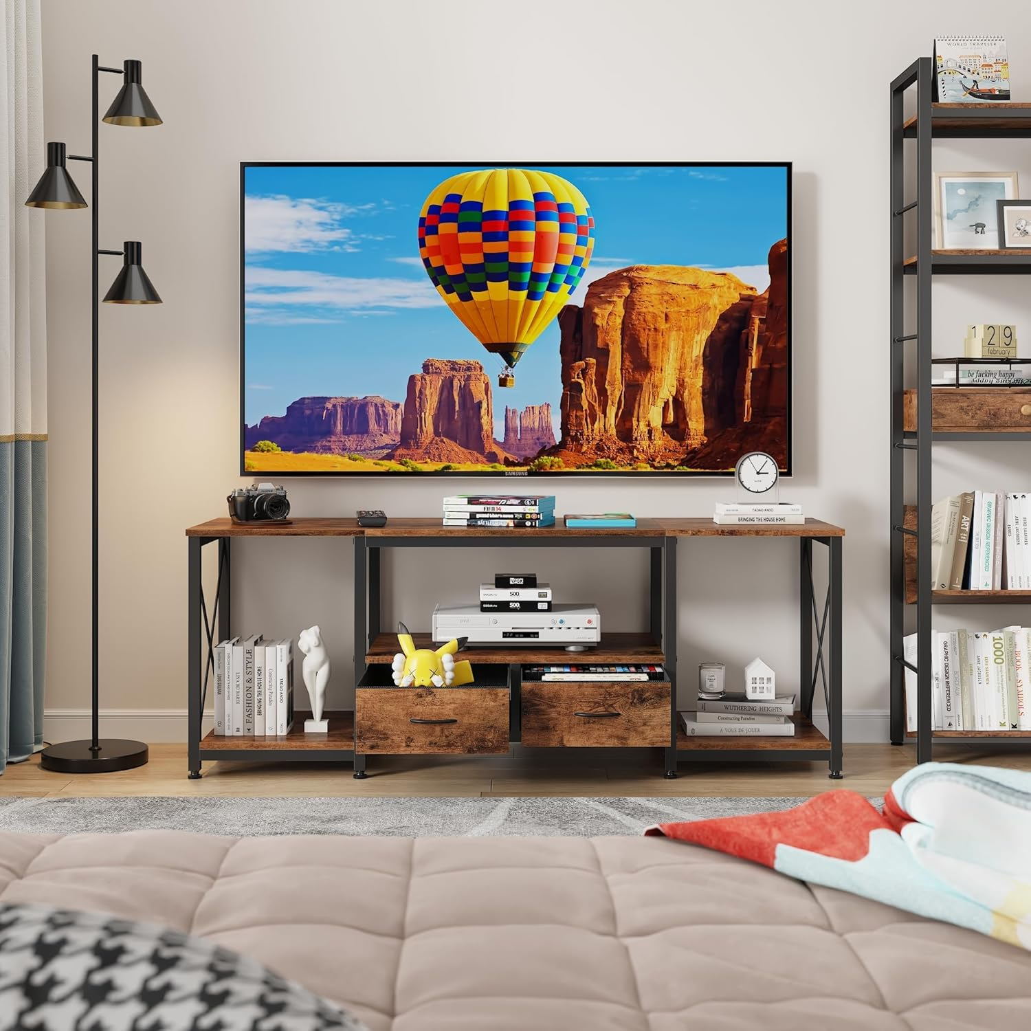 TV Stand with Drawer for 65 70 75 Inches TV - Entertainment Center and Industrial TV Console Table with Open Shelves for Living Room, Bedroom - 63" Rustic Brown image number 3