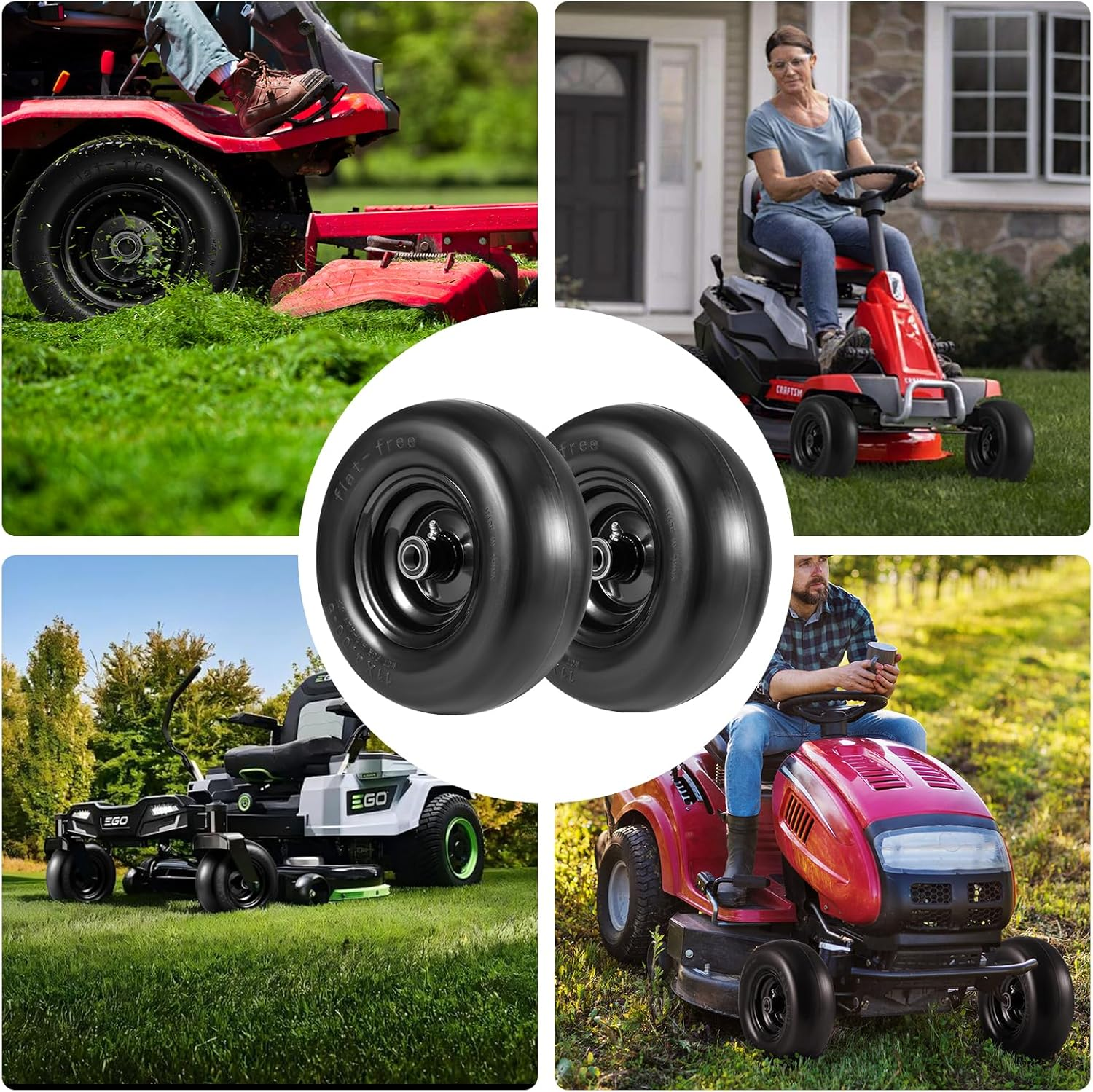 11X4.00-5" Lawn Mower Tire on Wheel Flat Free 2 PCS, 3/4" or 5/8" Bearing, Solid Mower Wheel for Residential and Commercial 3.4"-5" Centered Hub, Zero Turn Mower Front Tires image number 6
