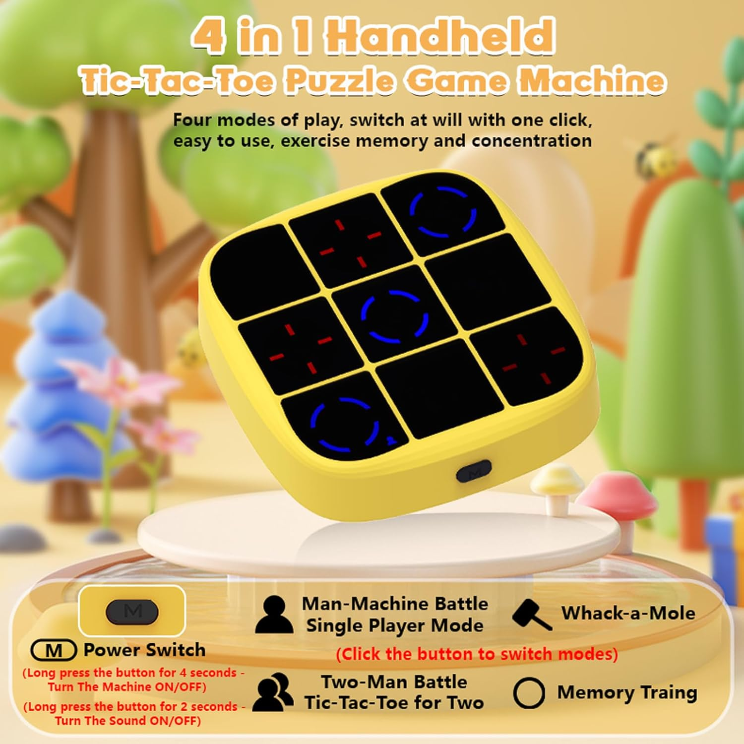 4-In-1 Electronic Tic Tac Toe Bolt Game, Handheld Puzzle Game Console, Educational and Memory Growth, Portable Travel Games, Board Games for Kids and Adults (Yellow)