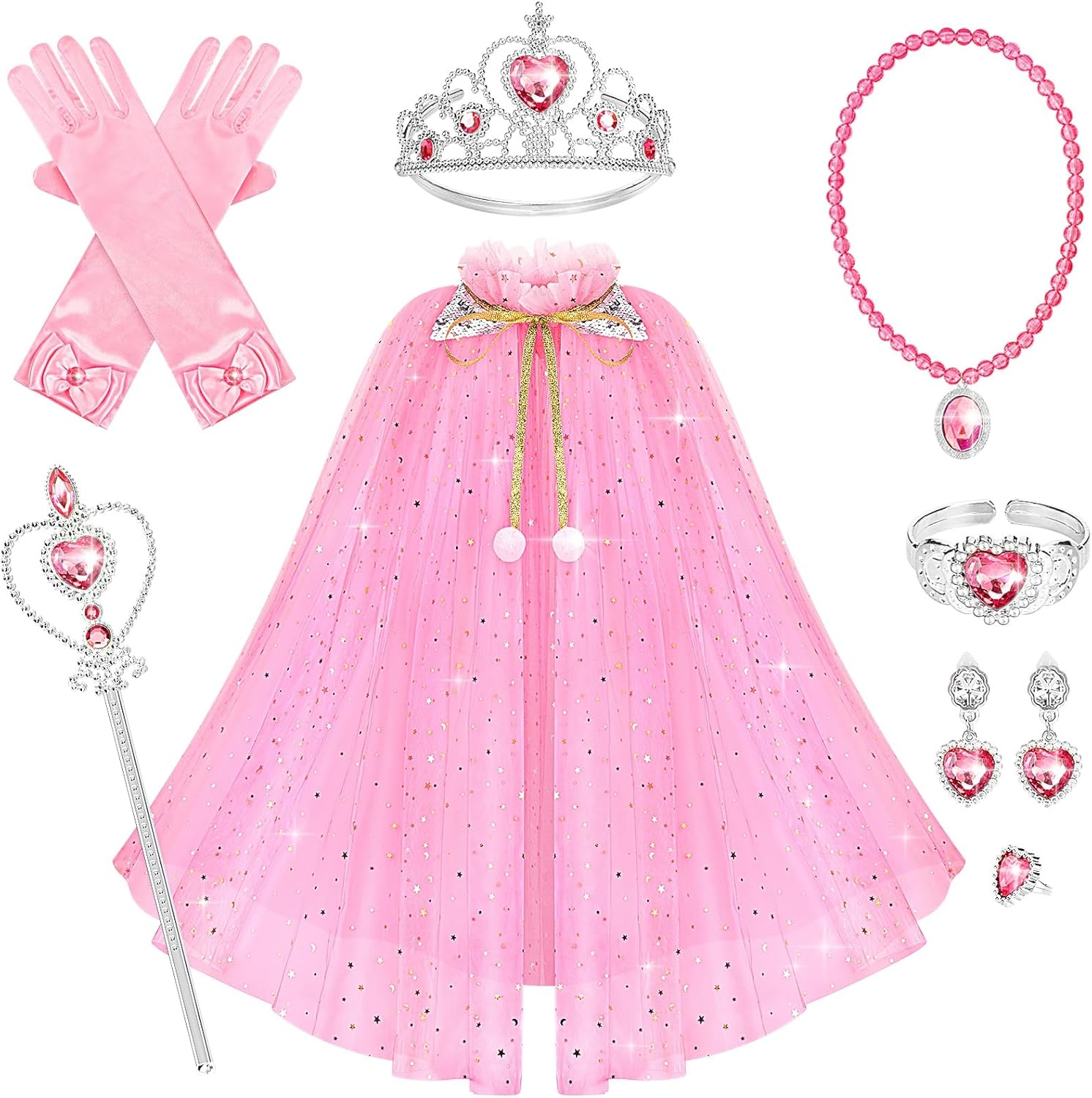 Hapgo 10 Pieces Princess Cape Set Dress up Clothes for Little Girls Party Cosplay Cloak with Jewelry Tiara Crown Wand Gloves