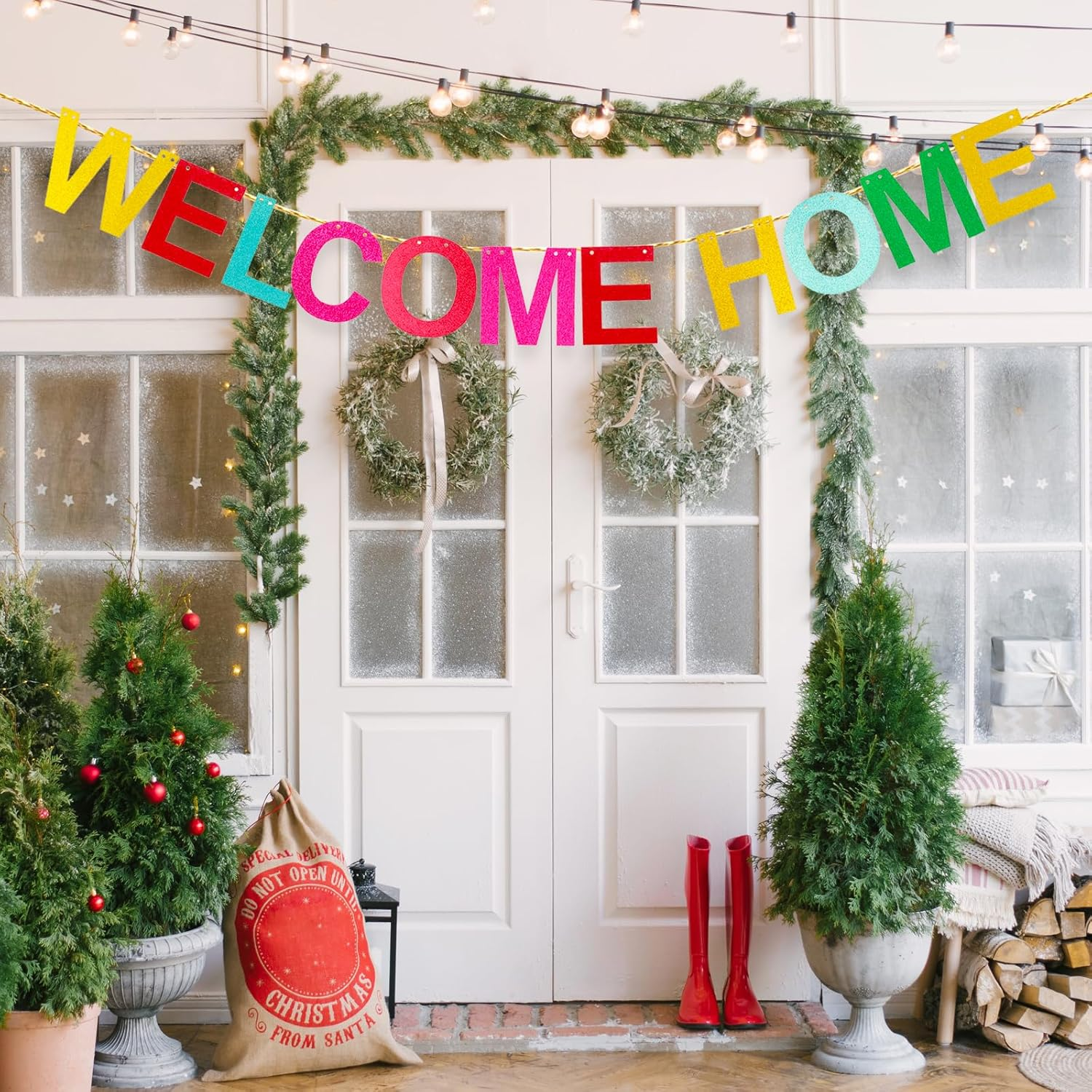 Amabro Welcome Home Banner, Sparkling Shiny Colorful Hanging Banner Welcome Banner Sign Welcome Back Decors for Home Decoration Weddings Christmas Housewarmings Family Theme Party Supplies