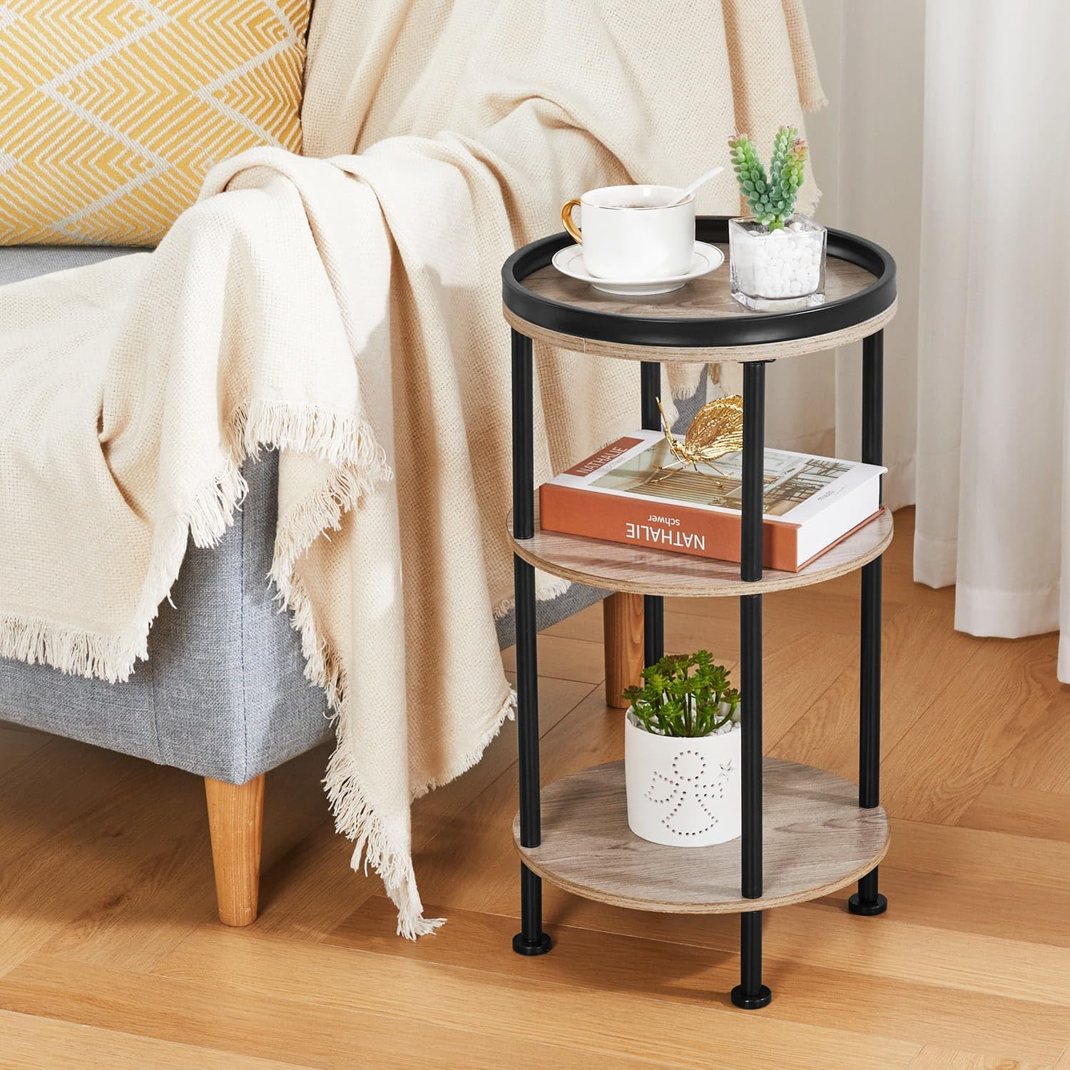 Side Table, 3 Tiers, round Night Table, Width 11.8 X Depth 11.8 X Height 21.7 Inches (30 X 30 X 55 Cm), Living Side Table, Bedside Table, Mini Table, Folding Side Table, Wood Grain Table, image number 6