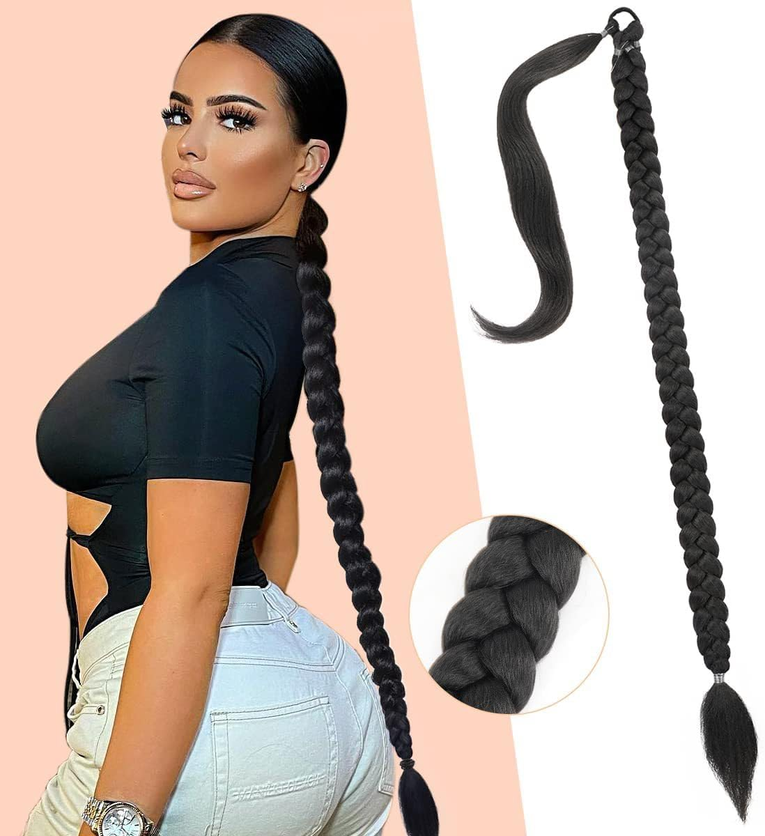 32 Inch Long Braided Ponytail Extension with Hair Tie Straight Wrap around Hair Extensions Ponytail Natural Soft Synthetic Hair Piece for Women Girls Daily Wear (Black) image number 3