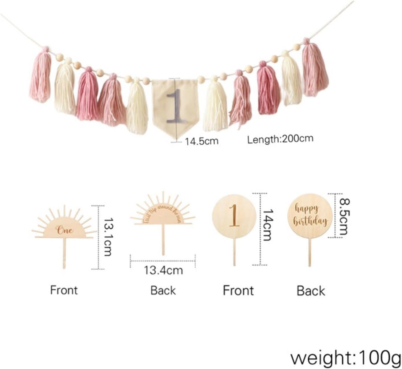 Handmade Boho 1St Birthday High Chair Banner Set, Pink First Birthday Tassel Banner Wooden One Cake Topper Party Decoration for Girl Birthday Baby Shower Photo Backdrop image number 2