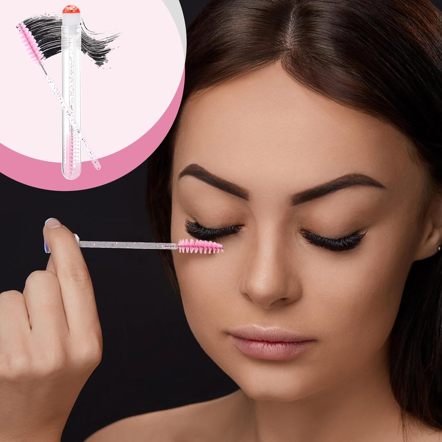 Disposable Mascara Wands Tube Set 10Pcs Shiny Diamond Lash Brush Eyelash Spoolies with Tube Mascara Wands Makeup Tool for Eyelash Extensions(Pink)